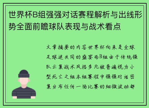世界杯B组强强对话赛程解析与出线形势全面前瞻球队表现与战术看点